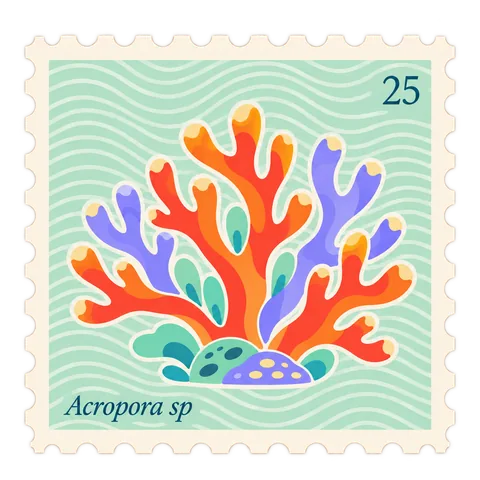 Illustrated postage stamp with colorful reef corals