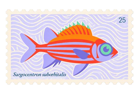 Illustrated postage stamp with an orange and violet reef fish