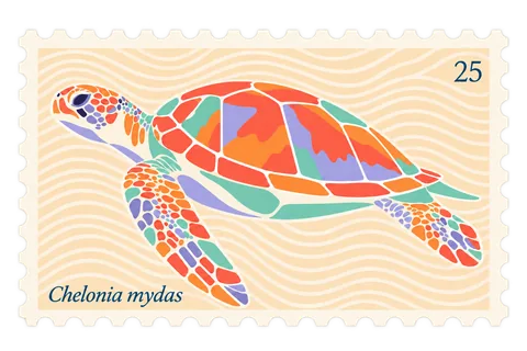 Illustrated postage stamp with a colorful mosaic sea turtle